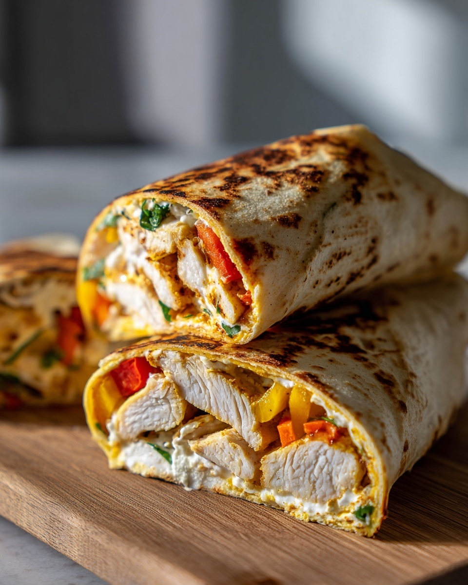 Close-up of two halves of a baked cottage cheese wrap filled with sliced chicken breast, colorful peppers, and a creamy white filling.