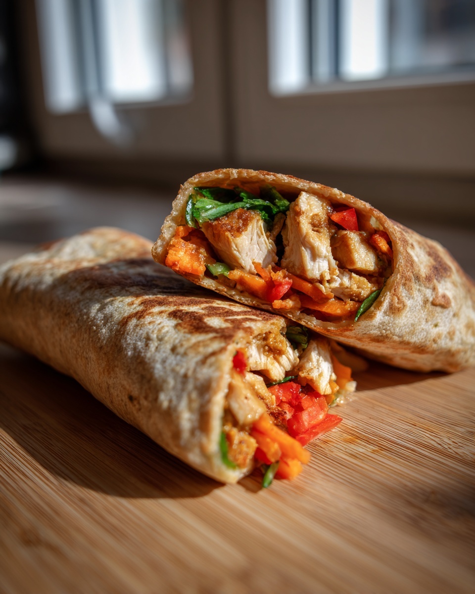 Two halves of a baked cottage cheese wrap filled with chicken, carrots, and greens, resting on a wooden board.