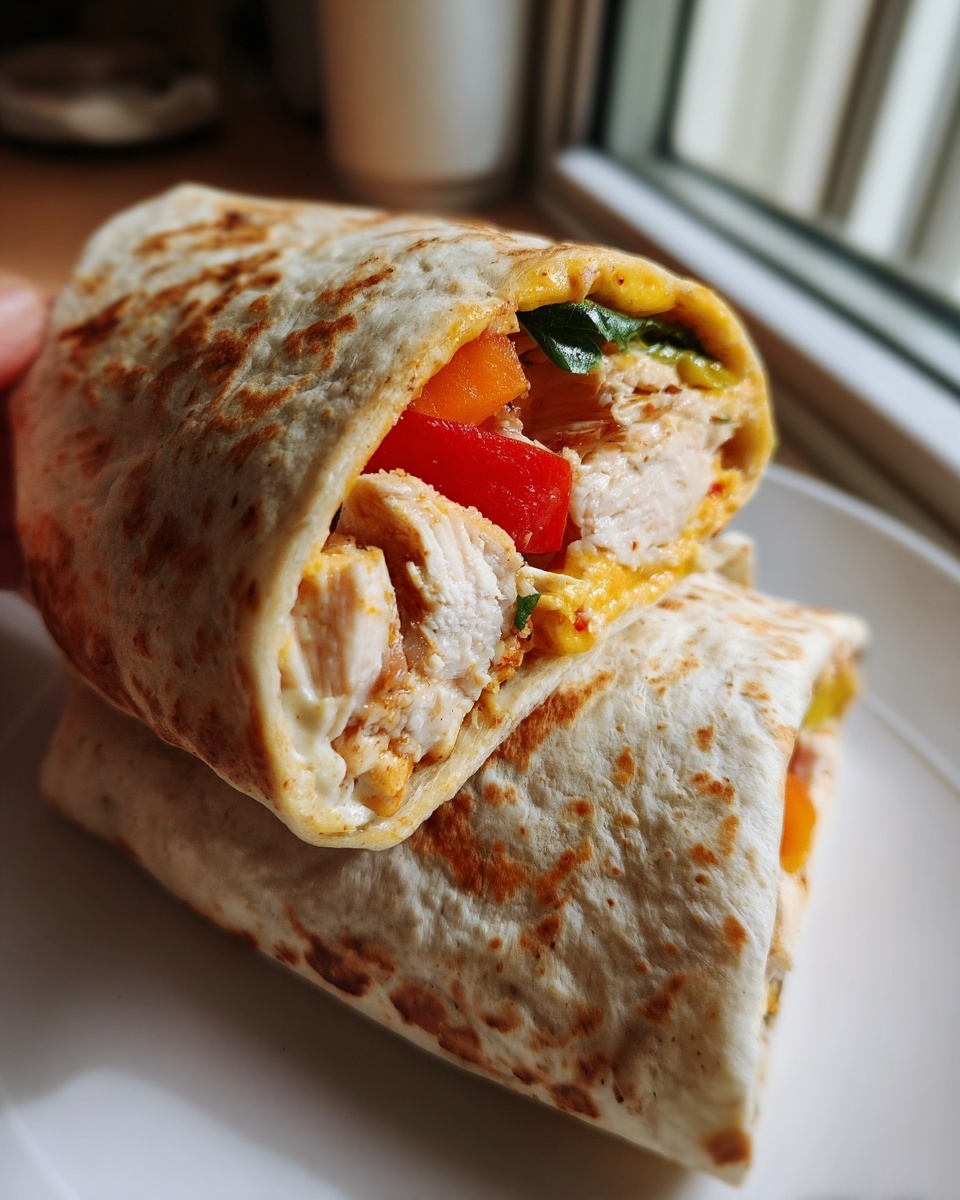 Close-up of a baked cottage cheese wrap cut in half, revealing chunks of chicken, red and orange peppers, and melted filling.