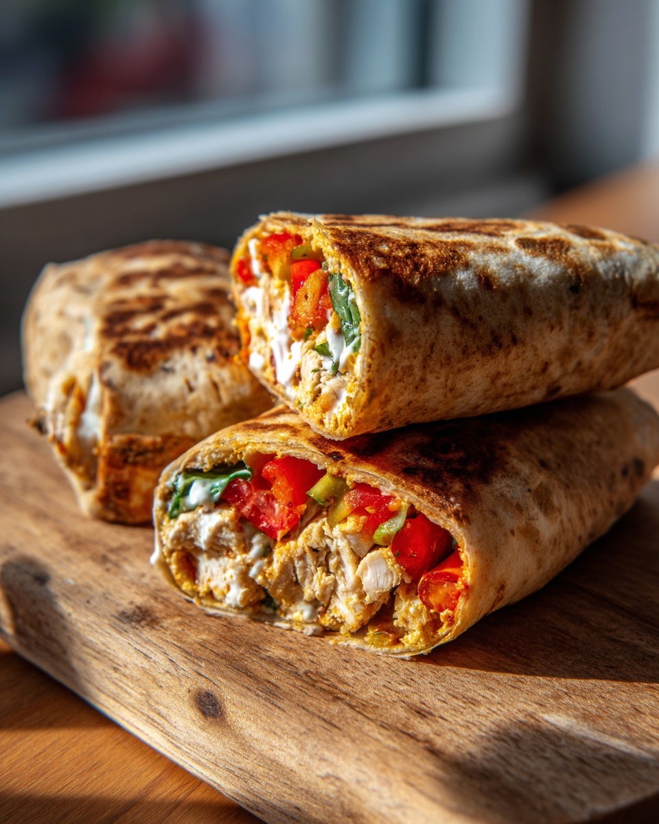 Two halves of a baked cottage cheese wrap, filled with chicken, tomatoes, and sauce, resting on a wooden board.