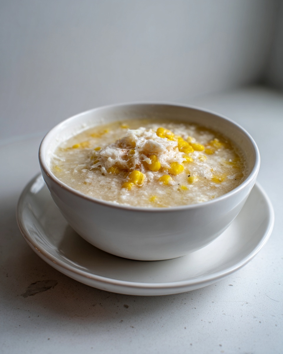 A white bowl filled with creamy crab and corn chowder, topped with shredded crab meat and corn kernels.