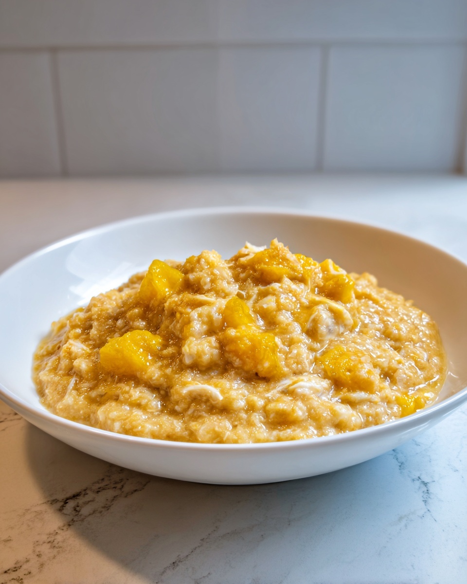 A close-up of thick, creamy crab and corn chowder served in a white bowl, showing chunks of yellow corn.
