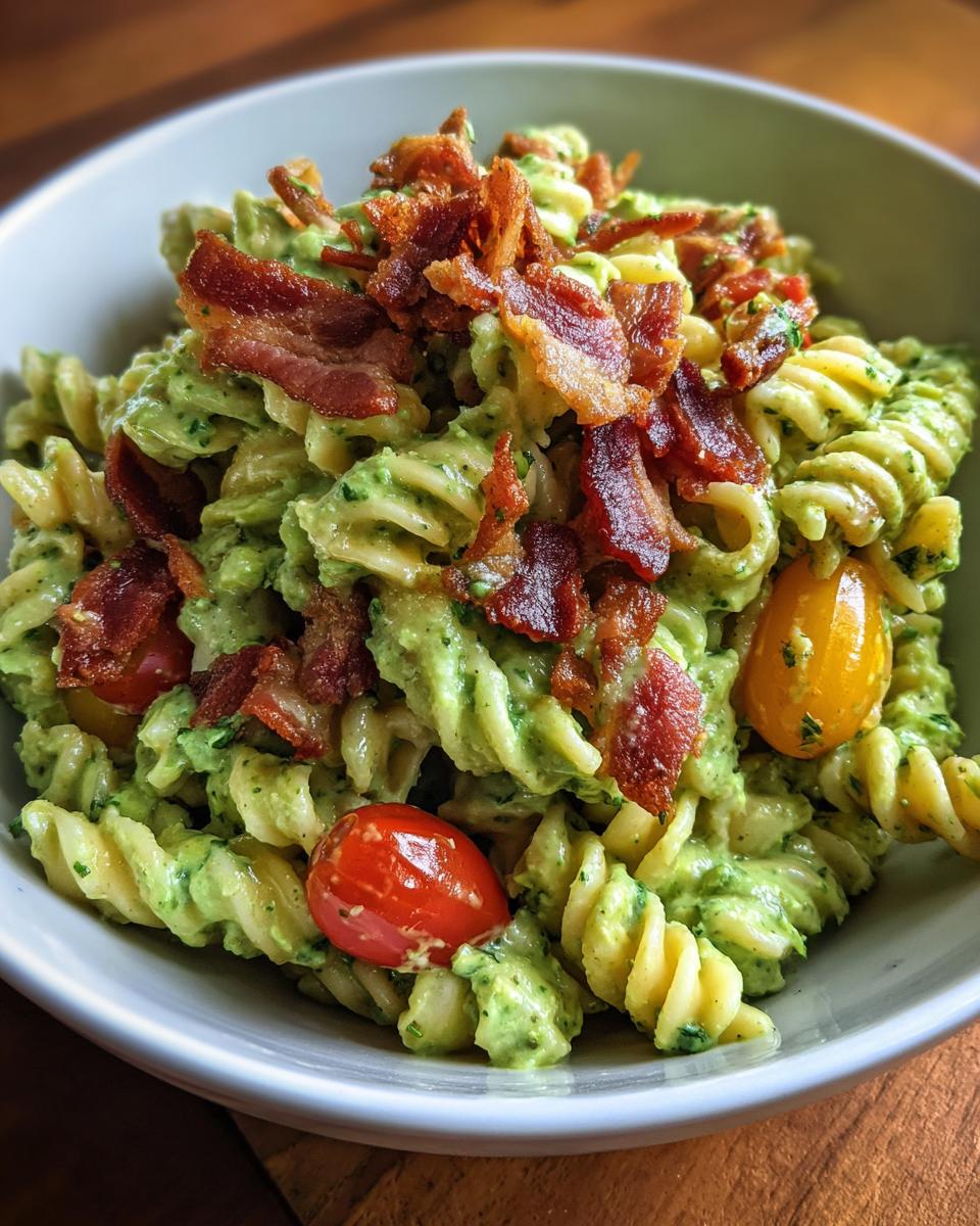 Close-up of a bowl of blt pasta salad featuring fusilli pasta coated in green avocado dressing, topped with crispy bacon pieces and cherry tomatoes.