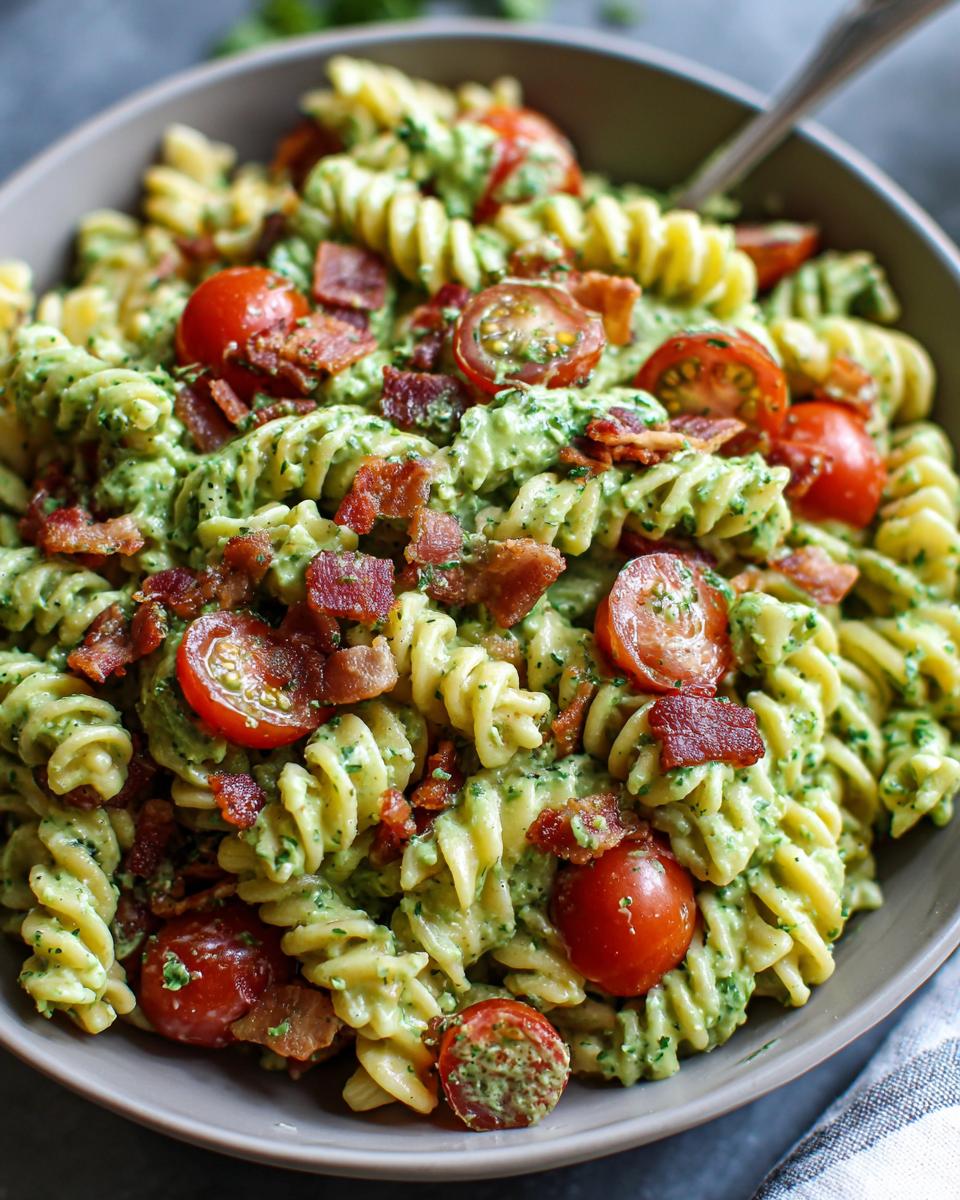 Close-up of fusilli pasta coated in green creamy dressing, topped with bacon bits and halved cherry tomatoes in a blt pasta salad.