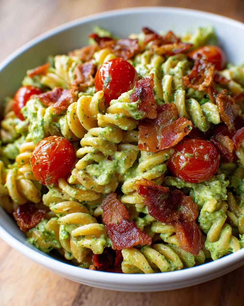 Close-up of fusilli pasta coated in a creamy green dressing, topped with crispy bacon and cherry tomatoes in a white bowl, featuring blt pasta salad.