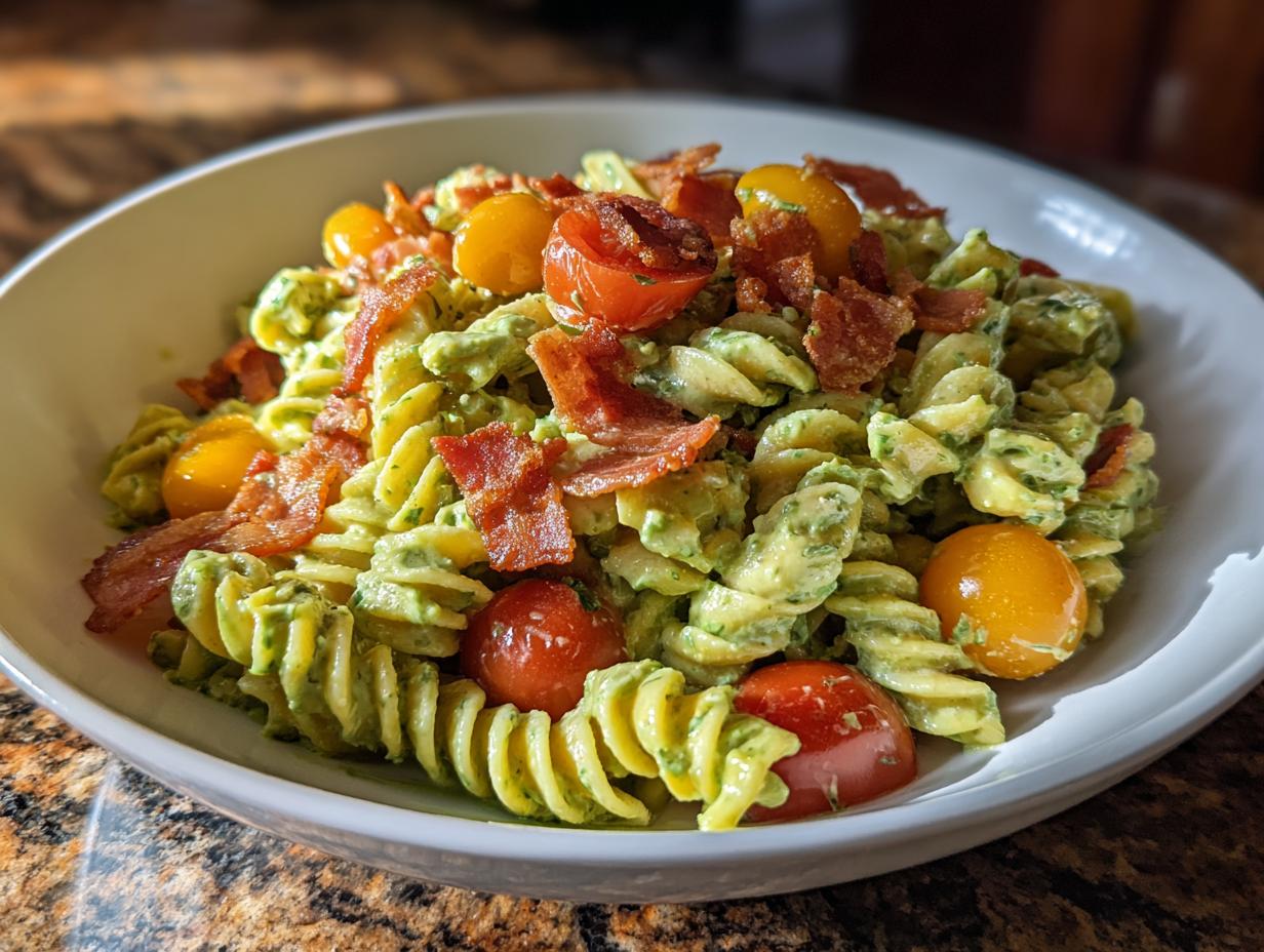 A close-up of a bowl of blt pasta salad tossed in a creamy green dressing, topped with crispy bacon pieces and cherry tomatoes.