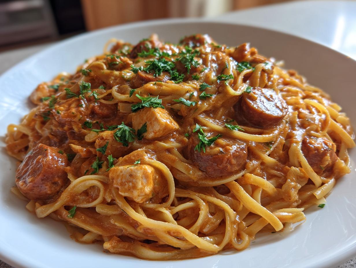 A close-up of creamy cajun chicken and sausage pasta tossed with linguine and garnished with fresh parsley.