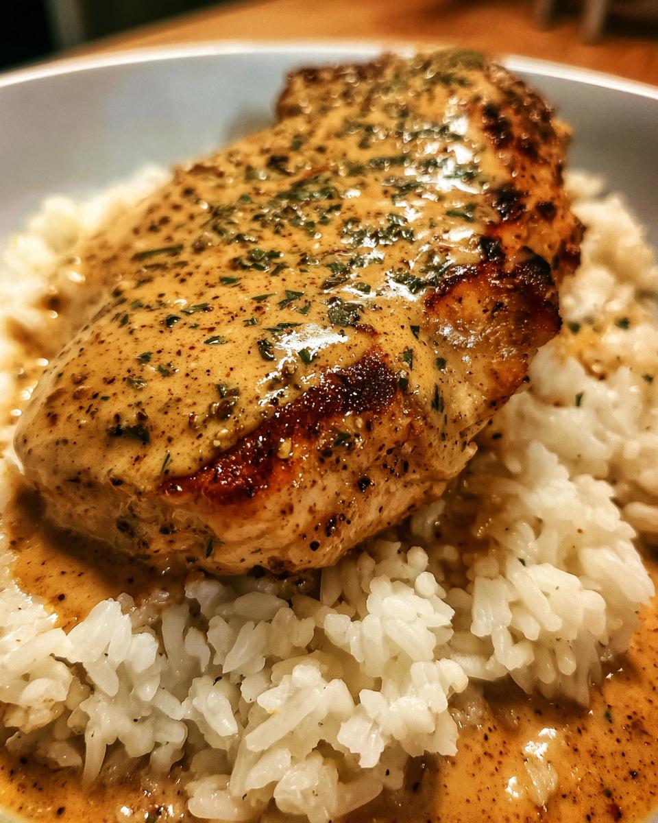 Close-up of a perfectly seared cajun chicken breast smothered in creamy sauce and served over white rice.