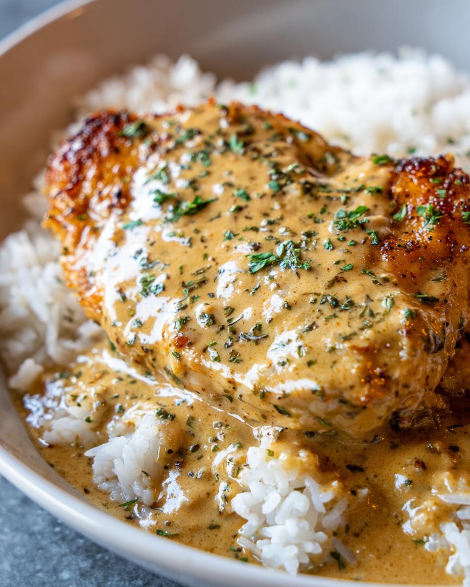 Close-up of a perfectly seared cajun chicken breast smothered in creamy sauce and served over white rice.