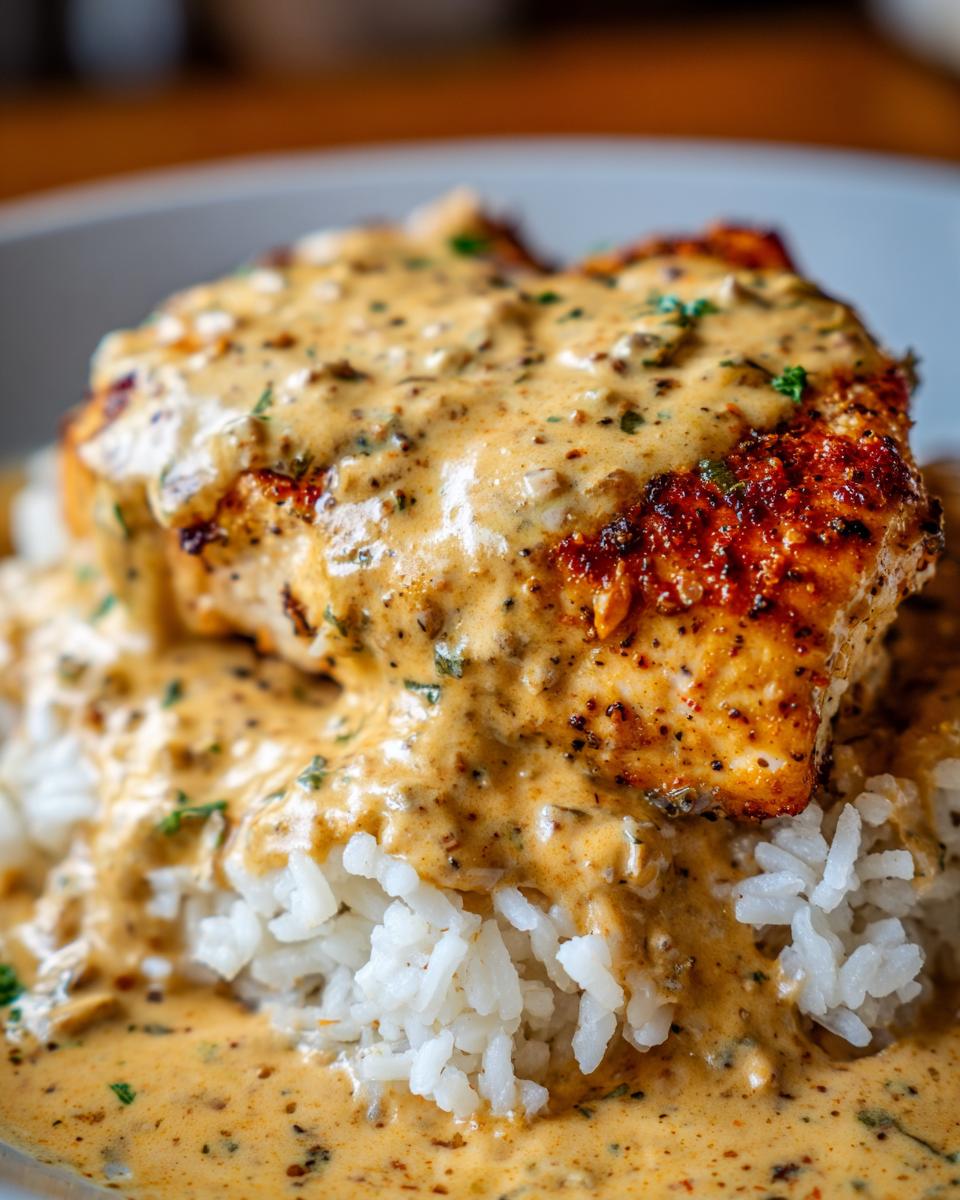Close-up of a perfectly seared cajun chicken breast smothered in creamy sauce, served atop white rice.