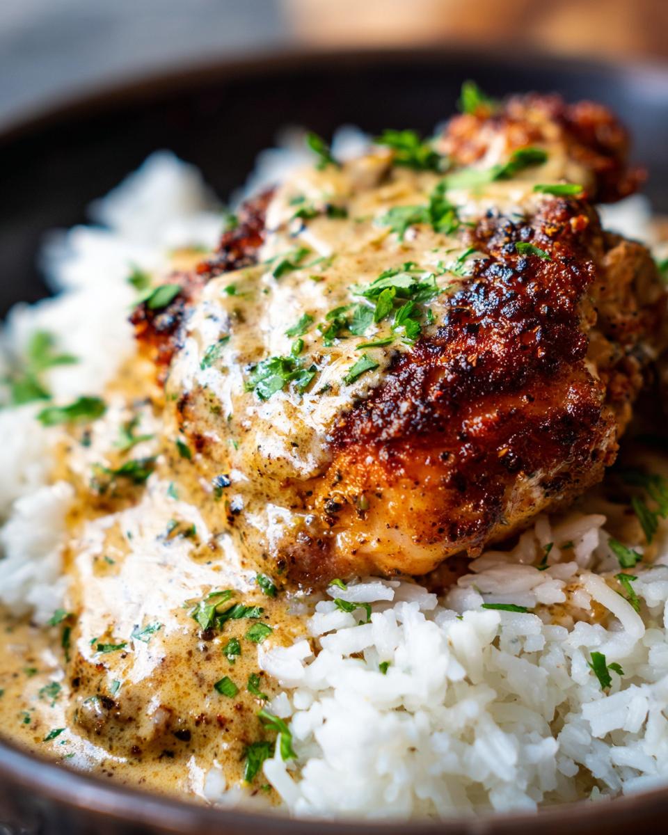 Close-up of a perfectly seared cajun chicken piece smothered in creamy sauce, served over fluffy white rice and garnished with parsley.