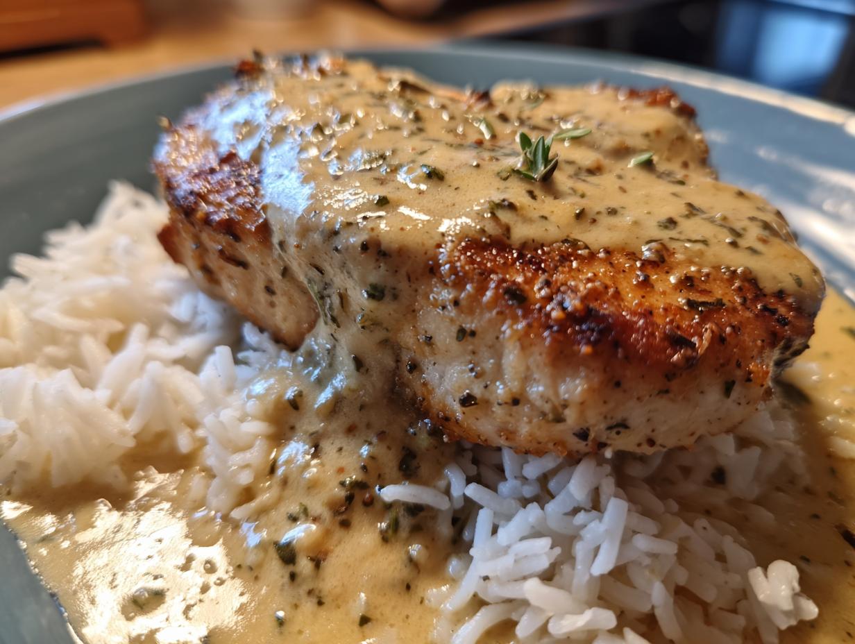 Close-up of a perfectly seared cajun chicken breast topped with creamy herb sauce, served on a bed of white rice.