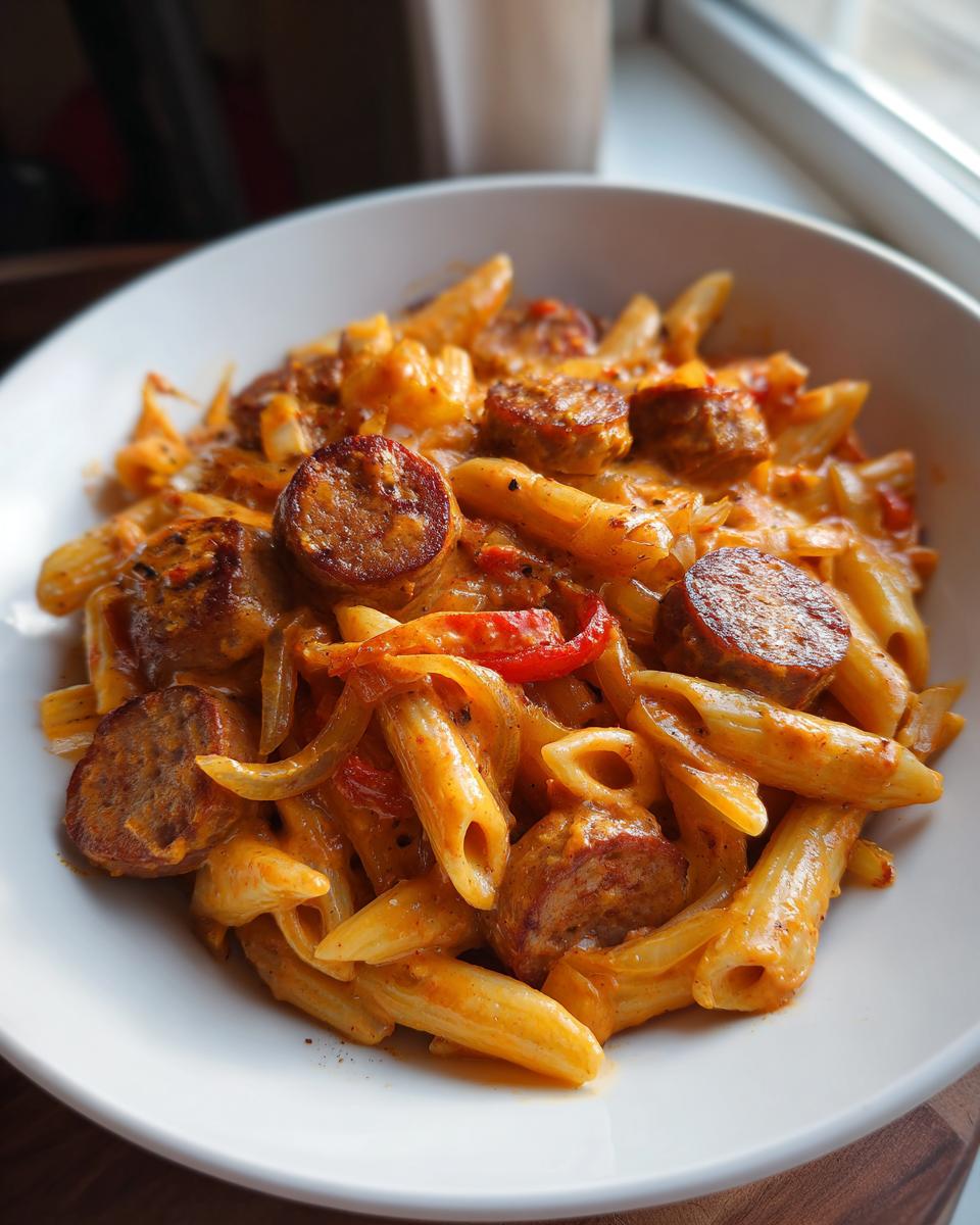 A close-up of creamy cajun kielbasa pasta with penne, sliced sausage, peppers, and onions in a white bowl.