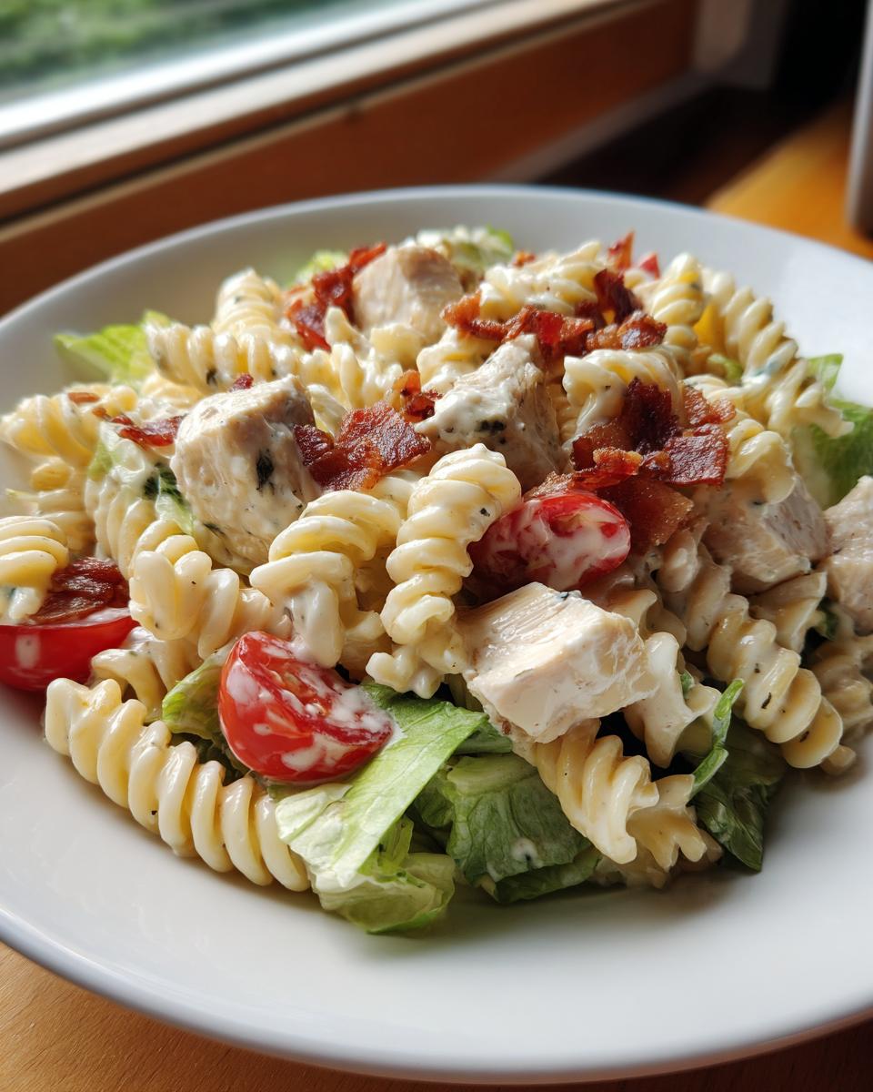 A close-up of creamy chicken blt pasta salad featuring rotini pasta, chunks of chicken, bacon bits, and cherry tomatoes.