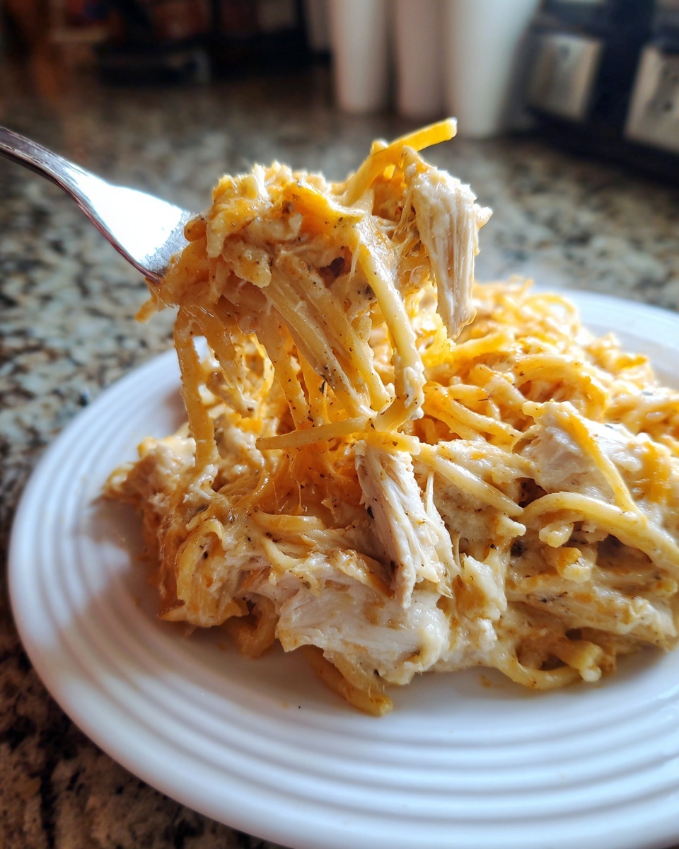 A fork lifting a cheesy, creamy bite of shredded chicken spaghetti casserole from a white plate.