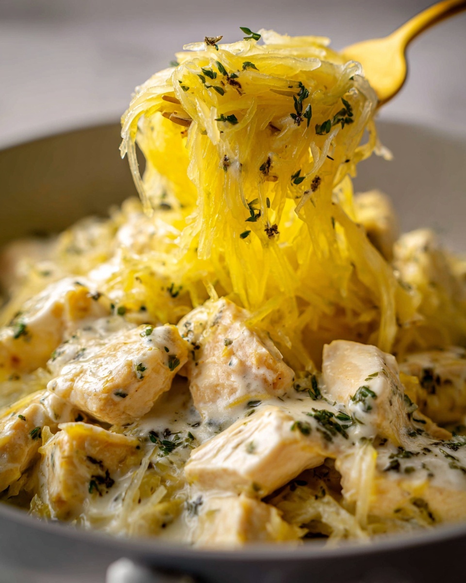 Close-up of creamy chicken spaghetti squash being lifted high on a golden fork, showing strands of squash and herbs.