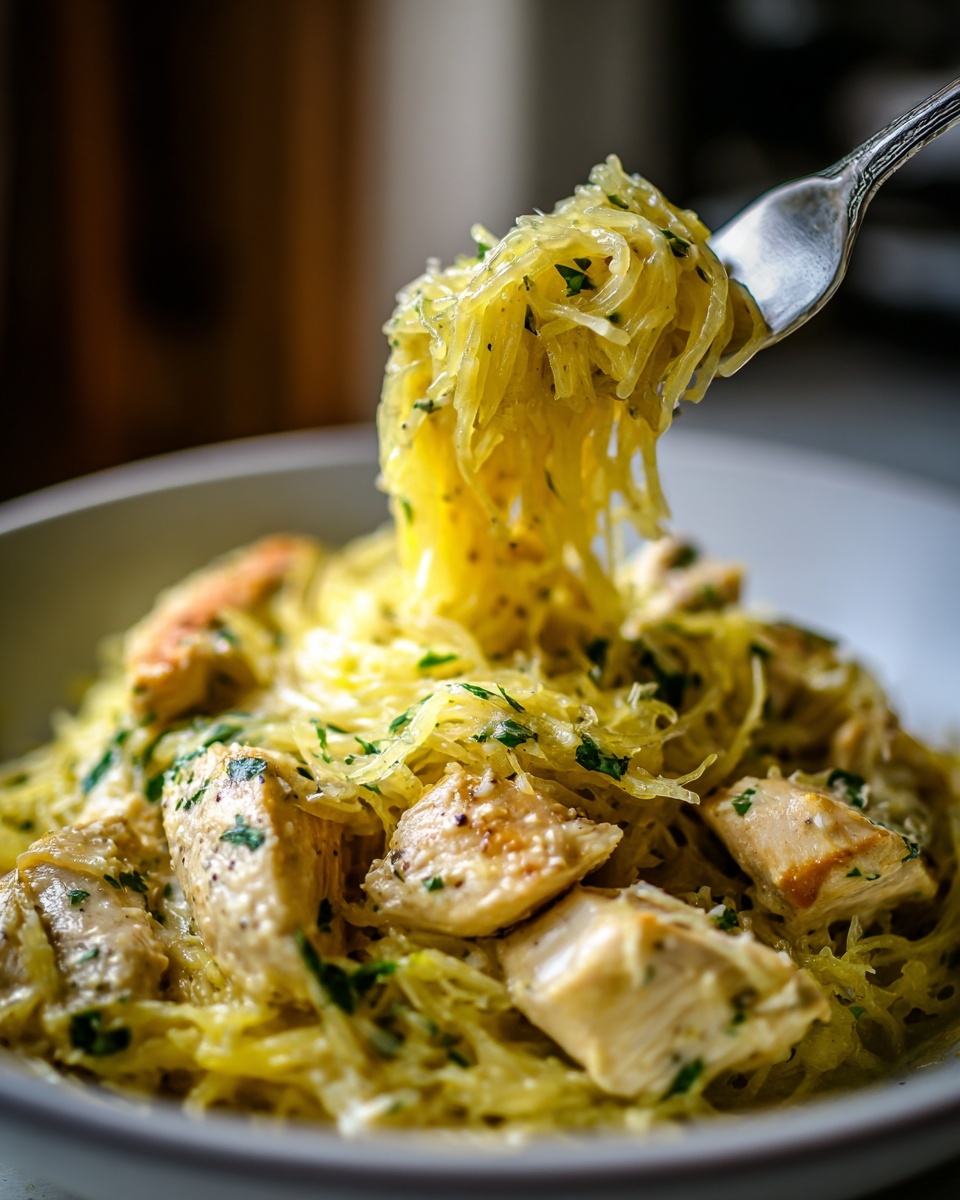 A fork lifting strands of creamy chicken spaghetti squash topped with fresh parsley.