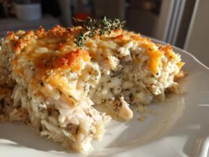 A close-up of a serving of creamy chicken wild rice casserole with a golden, cheesy crust.