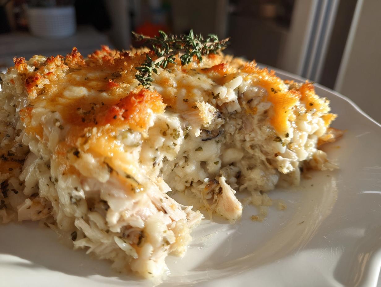 A close-up of a serving of creamy chicken wild rice casserole with a golden, cheesy crust.