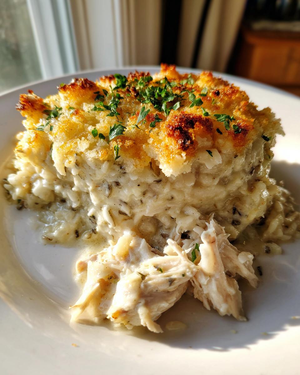 A portion of creamy chicken wild rice casserole with a golden, crunchy topping and shredded chicken visible.