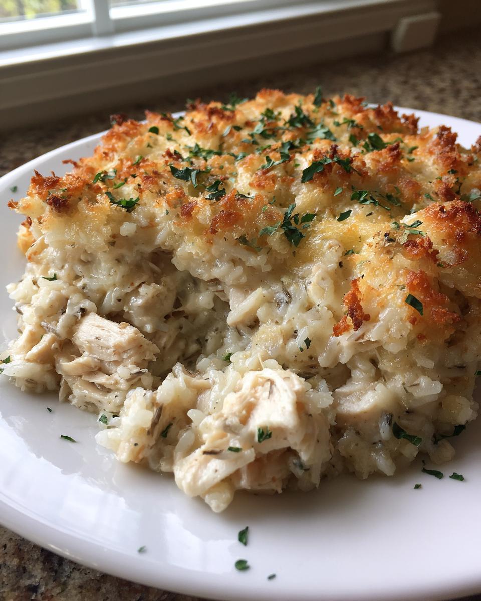 Close-up of a serving of creamy chicken wild rice casserole topped with a golden, crispy crust and fresh parsley.