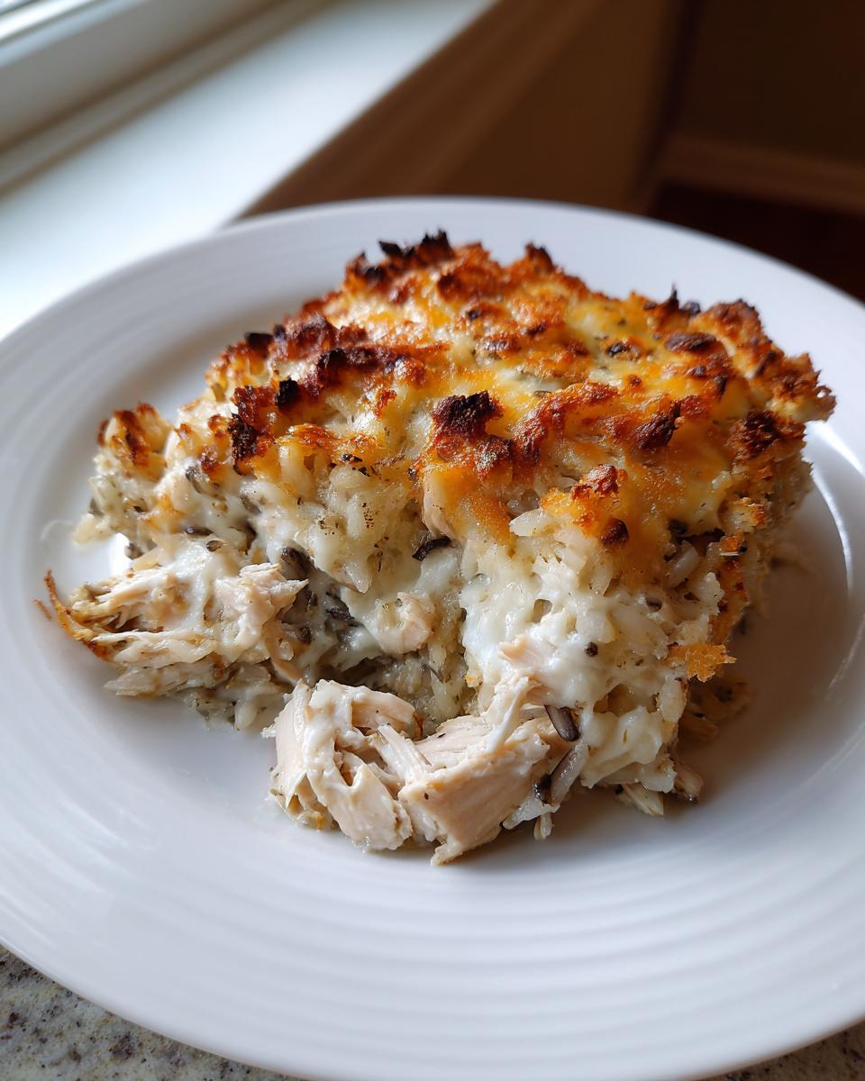 A serving of creamy chicken wild rice casserole with a golden brown, cheesy crust on a white plate.