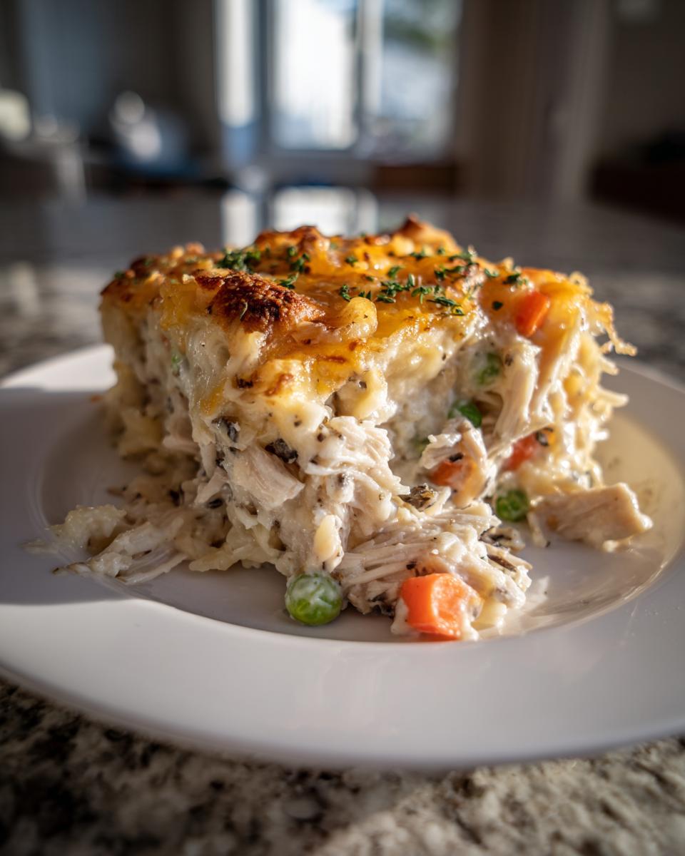 A hearty serving of creamy chicken wild rice casserole with melted cheese topping and visible carrots and peas.