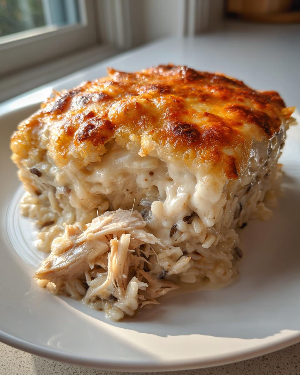 A square serving of creamy chicken wild rice casserole with a golden, bubbly cheese top.