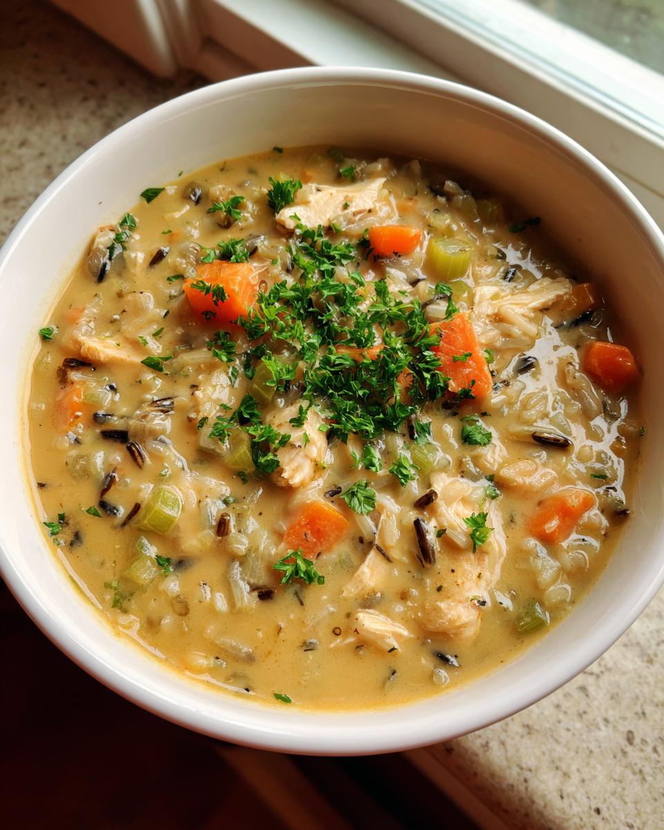 Close-up of a creamy chicken wild rice soup, featuring chunks of chicken, carrots, celery, and fresh parsley garnish.