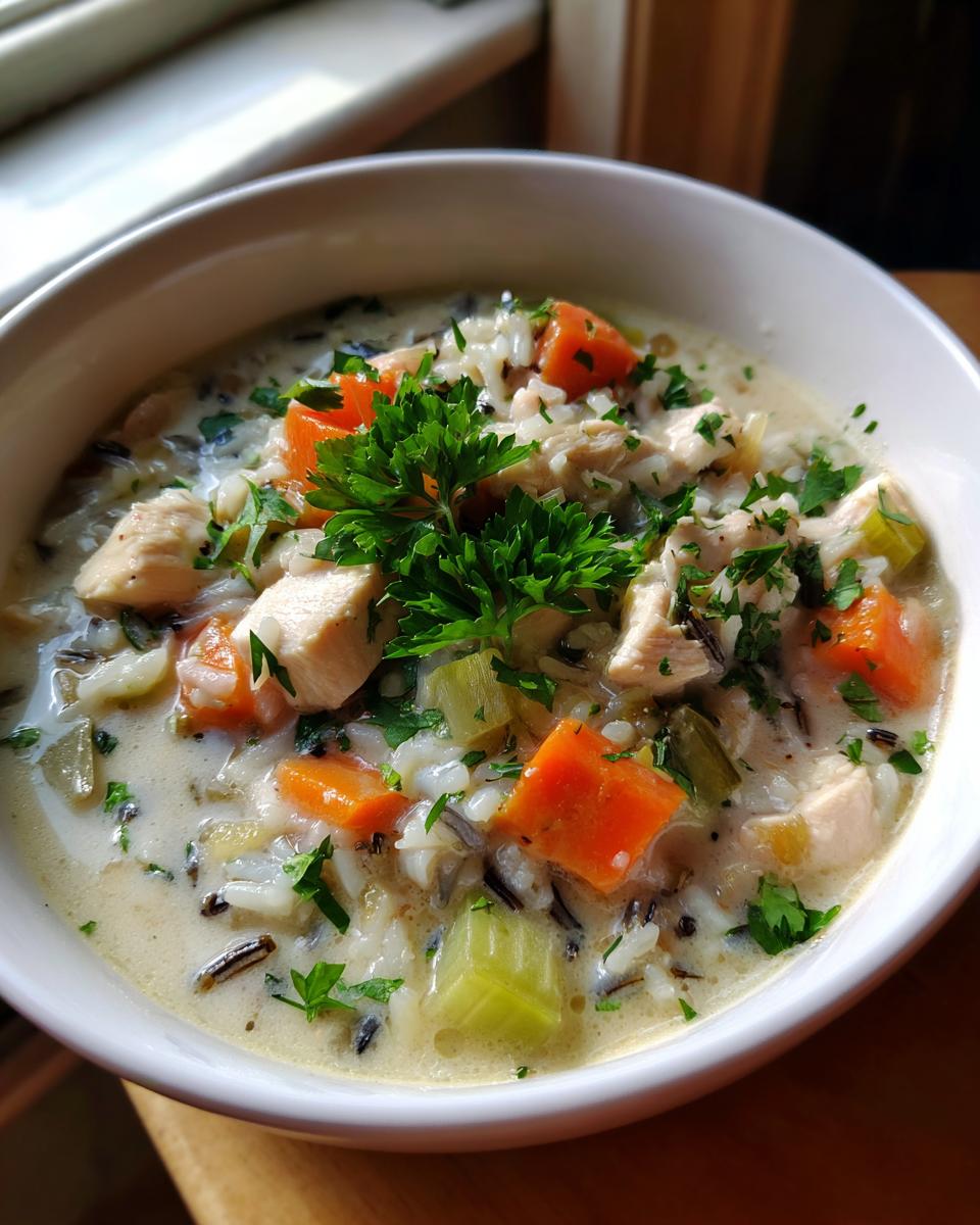 Close-up of creamy chicken wild rice soup with chunks of chicken, carrots, celery, and parsley garnish.