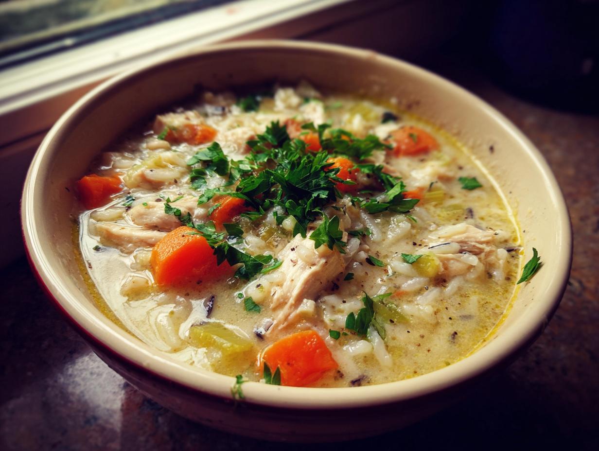 Close-up of a creamy bowl of chicken wild rice soup, featuring chunks of chicken, bright carrots, and fresh parsley.
