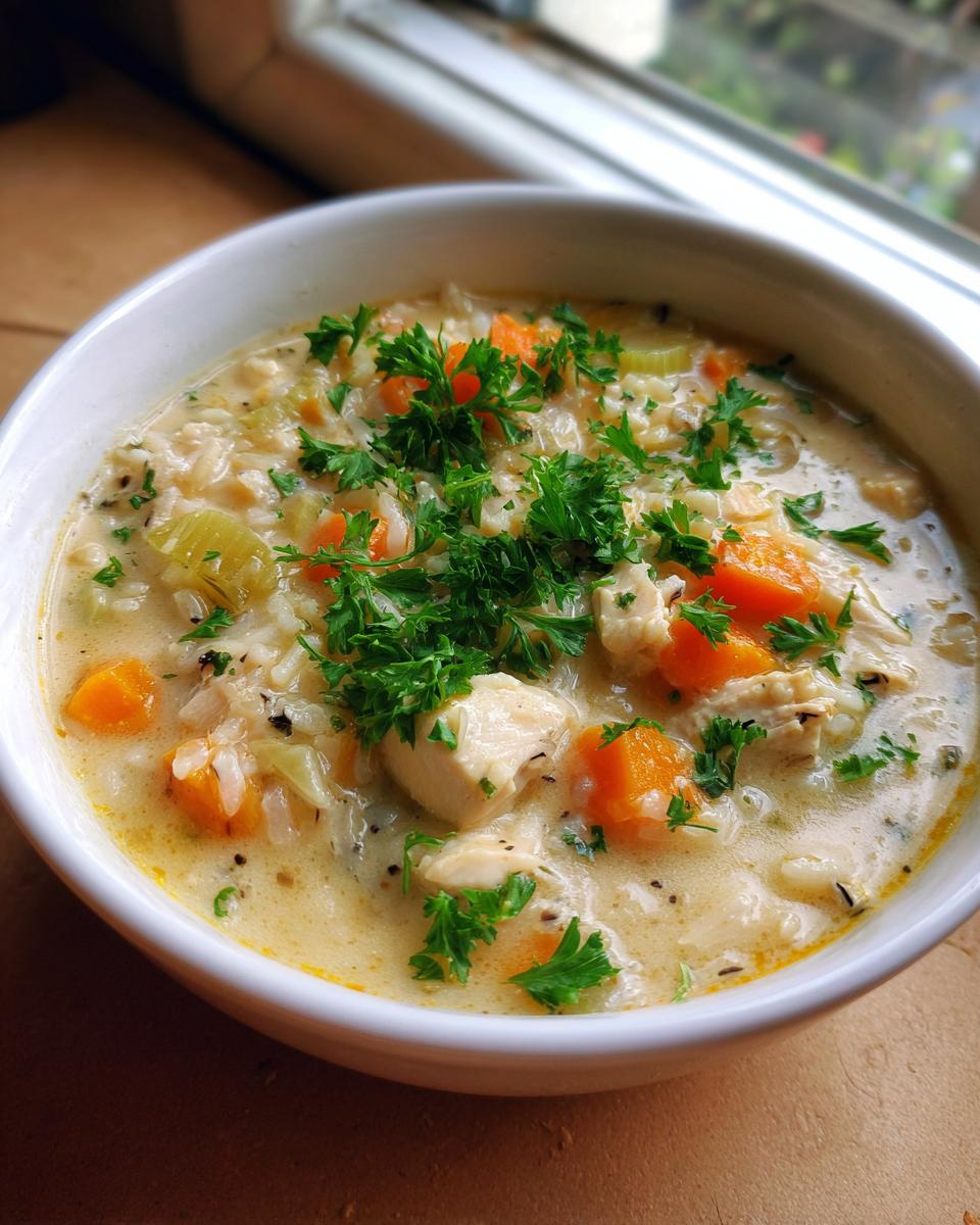 A close-up of a creamy chicken wild rice soup bowl, garnished with fresh parsley and visible chunks of chicken and carrots.