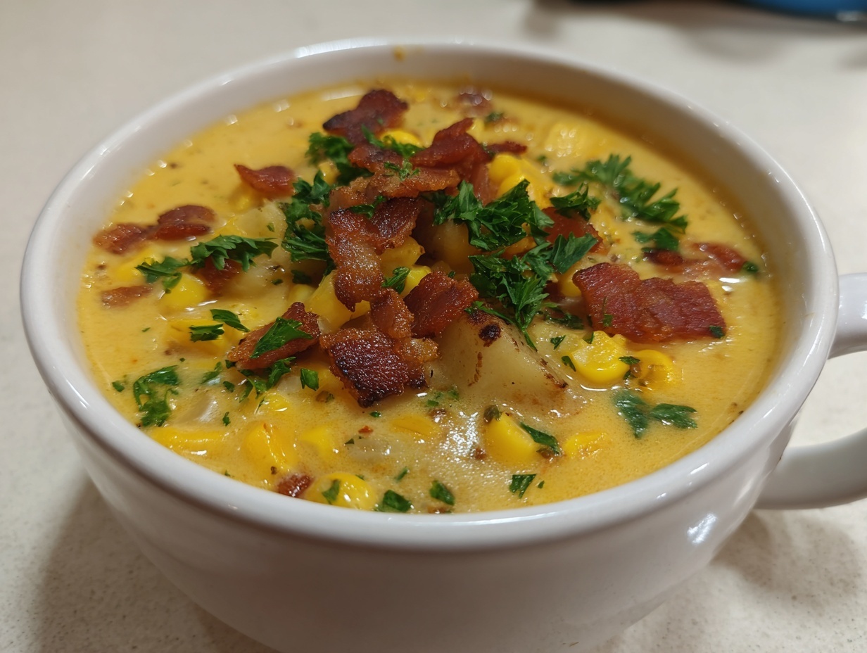 Close-up of a bowl of creamy corn chowder garnished generously with crispy bacon bits and fresh parsley.