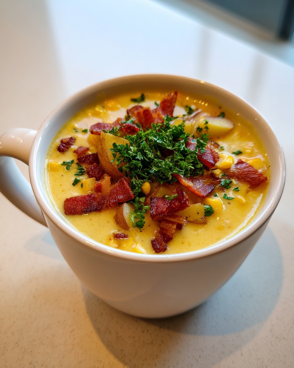 A hearty bowl of creamy corn chowder topped generously with crispy bacon pieces and fresh parsley.