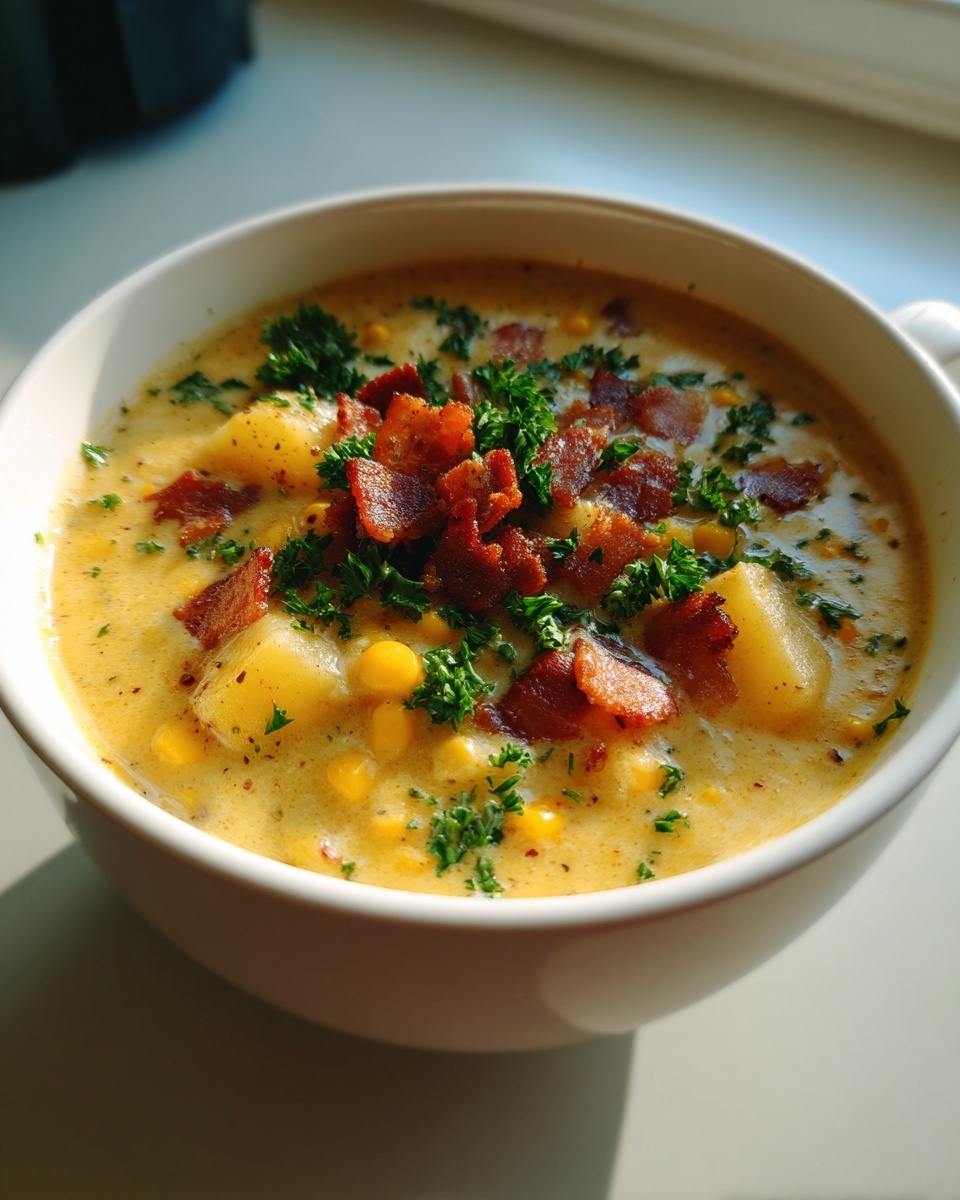 Close-up of a bowl of creamy corn chowder, featuring corn kernels, potato chunks, bacon bits, and fresh parsley.