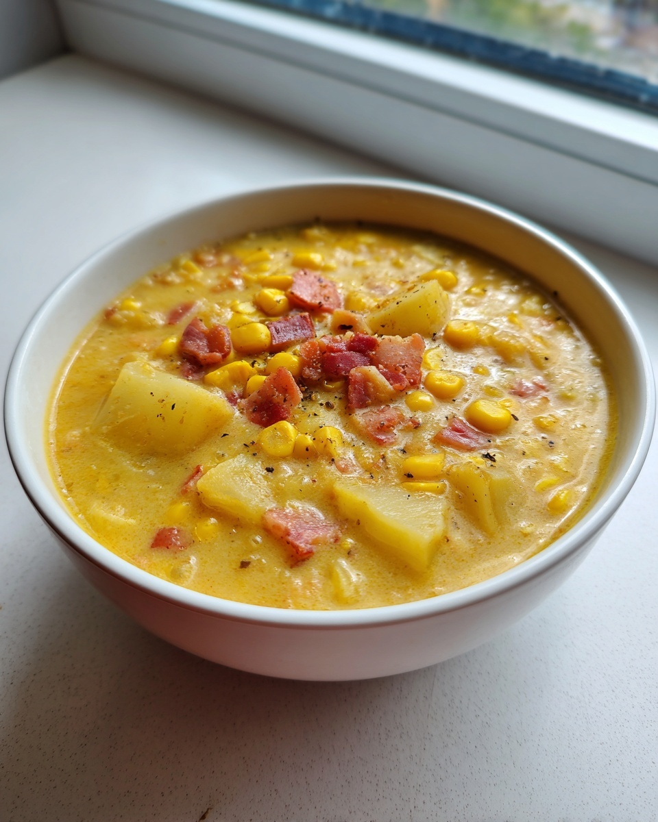 Close-up of a creamy, yellow bowl of corn chowder soup topped with bacon bits, corn kernels, and chunks of potato.