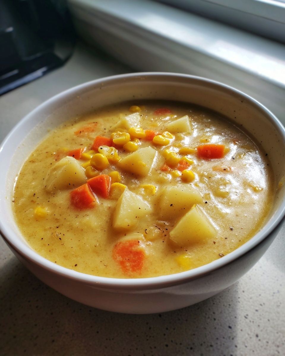 Close-up of a creamy bowl of corn chowder soup featuring chunks of potato, corn kernels, and diced carrots.