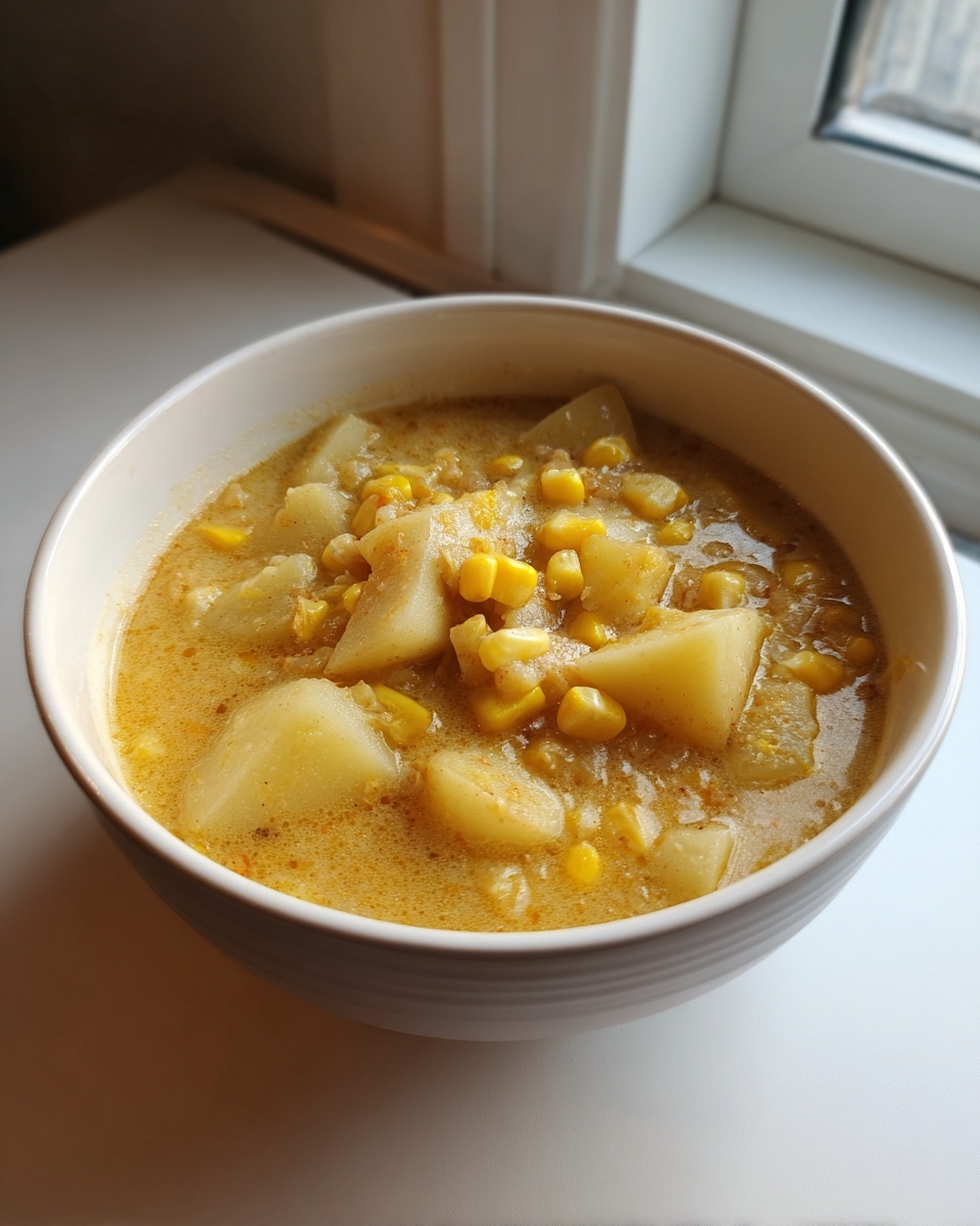 Close-up of a white bowl filled with creamy corn chowder soup featuring large chunks of potato and bright yellow corn kernels.