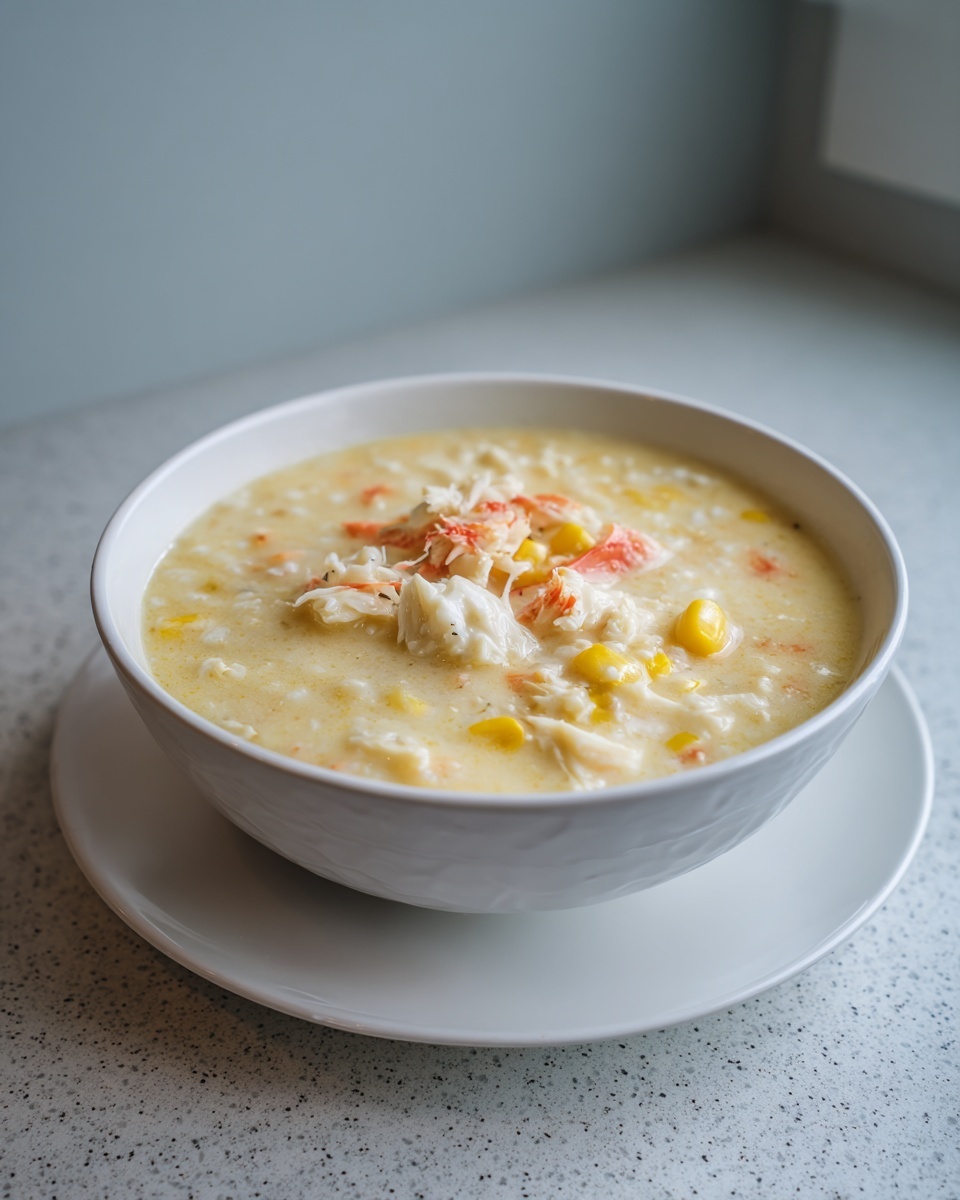 A white bowl filled with creamy crab and corn chowder, topped with chunks of crab meat.