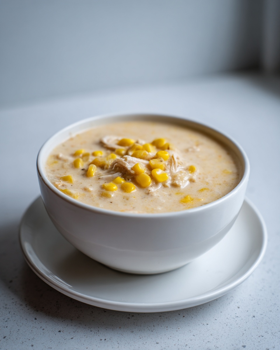 A white bowl filled with creamy crab and corn chowder, topped with bright yellow corn kernels.