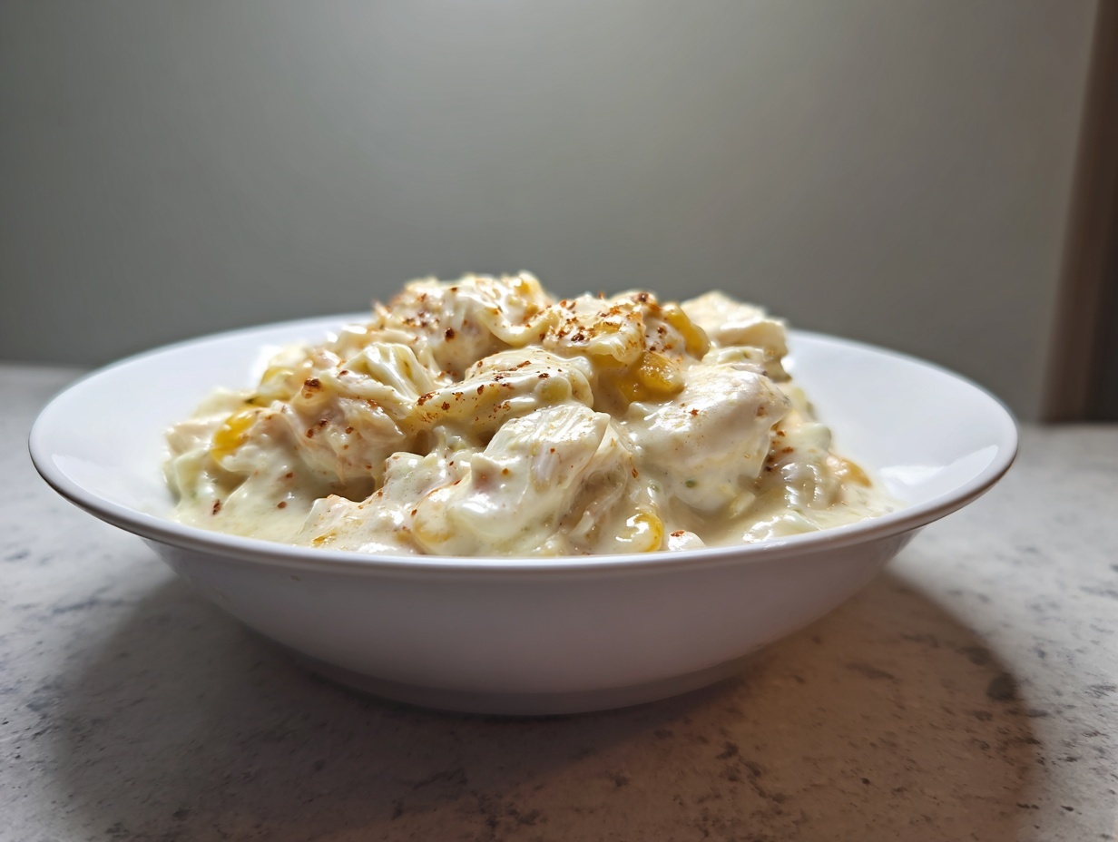 A close-up of a white bowl filled with thick, creamy crab and corn chowder, garnished with paprika.