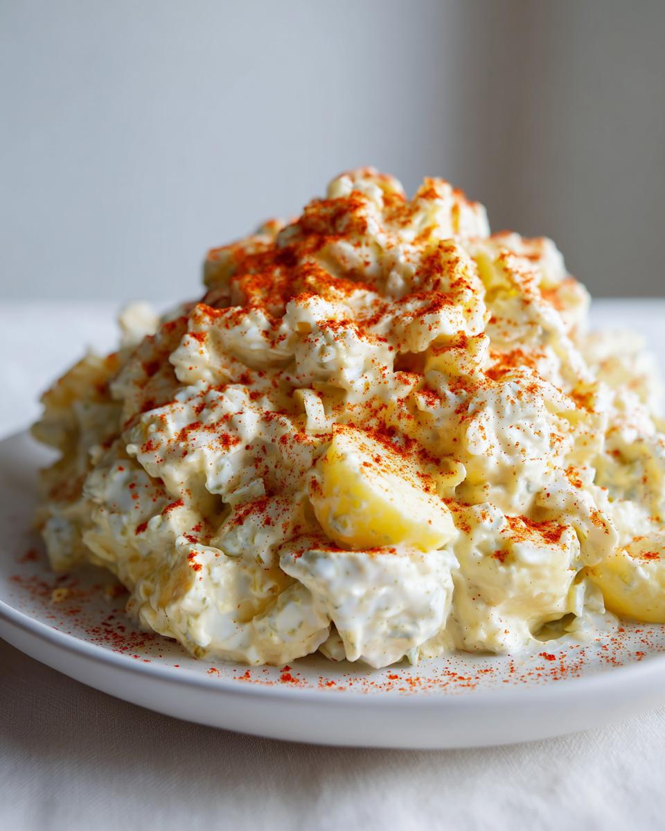 A generous mound of creamy deviled egg potato salad topped with bright red paprika, served on a white plate.