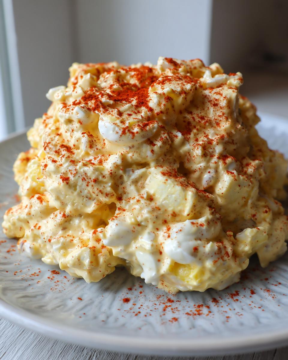 A generous mound of creamy deviled egg potato salad topped with bright red paprika, served on a light gray plate.