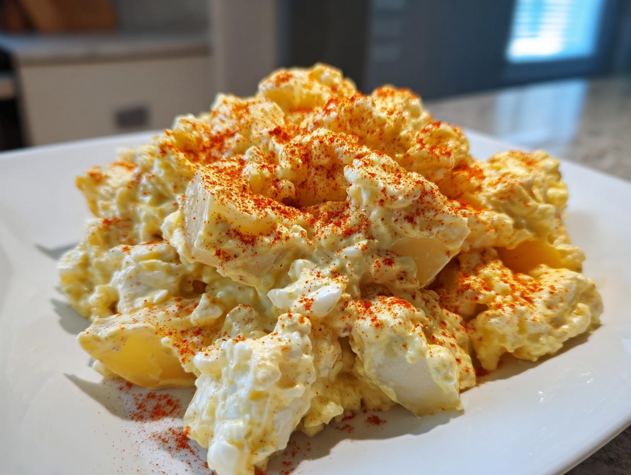 Close-up of creamy deviled egg potato salad piled high on a white plate and dusted generously with bright red paprika.
