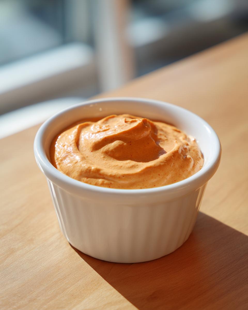 A close-up of a creamy, orange-colored dip for sweet potato fries served in a small white ramekin.