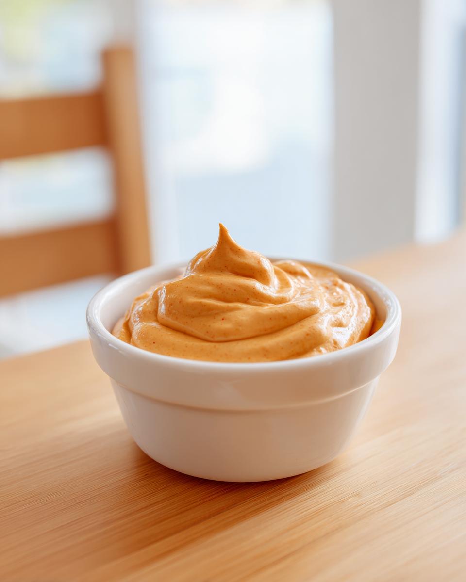 A small white bowl filled with a thick, orange-colored dip for sweet potato fries, sitting on a wooden table.