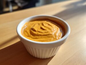 Close-up of a creamy, orange-colored dip for sweet potato fries served in a small white ramekin.