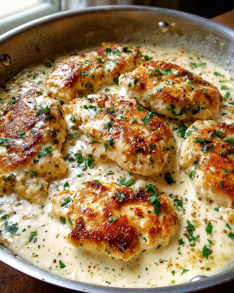 Five golden-brown chicken breasts simmering in a rich, creamy garlic sauce, garnished with fresh parsley.