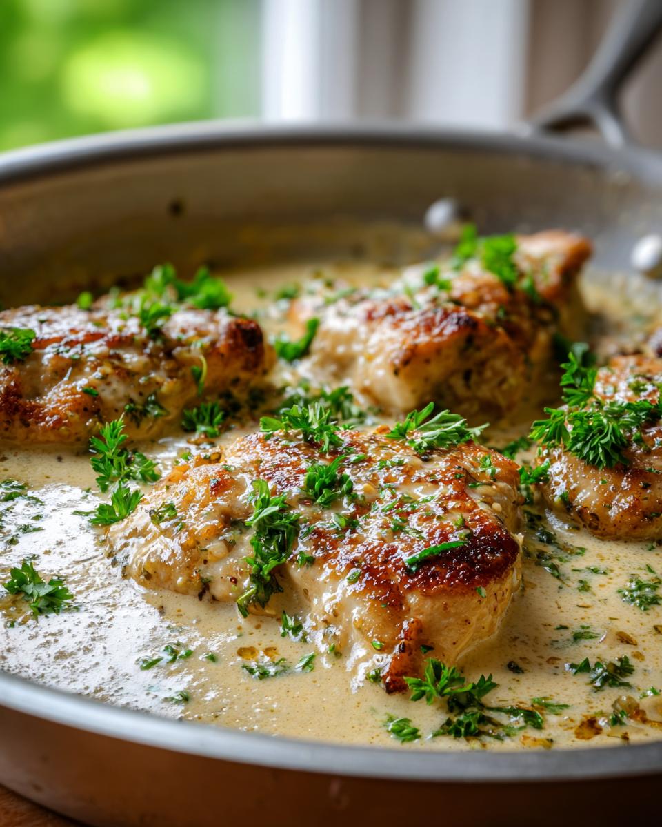 Close-up of pan-seared chicken breasts simmering in a rich, creamy garlic chicken sauce, garnished with fresh parsley.