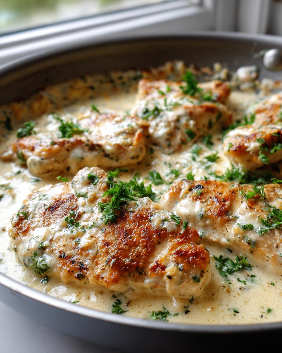 Close-up of pan-seared chicken breasts smothered in a rich, creamy garlic sauce and garnished with fresh parsley.